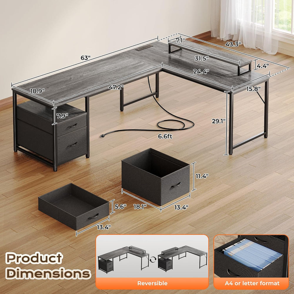 PRAISUN 63 Inch L Shaped Desk with Power Outlets and USB-C Port, Computer Cor...