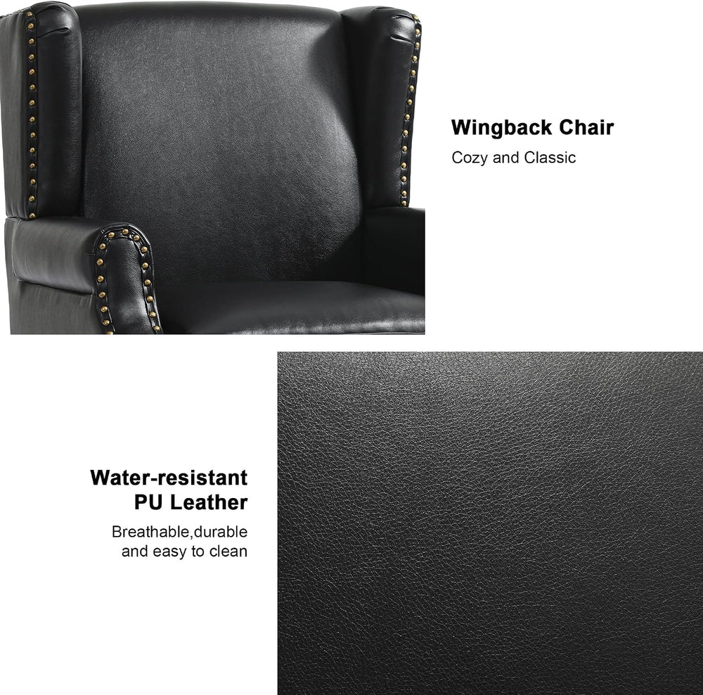 Faux Leather Wingback Accent Chair with Wood Legs, Black, Set of 1