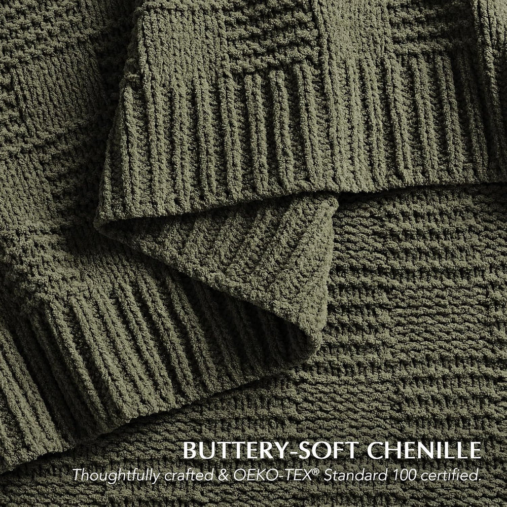 EVERGRACEHOME Modern Checkered Chenille Throw Blanket, 50x60, Olive Green