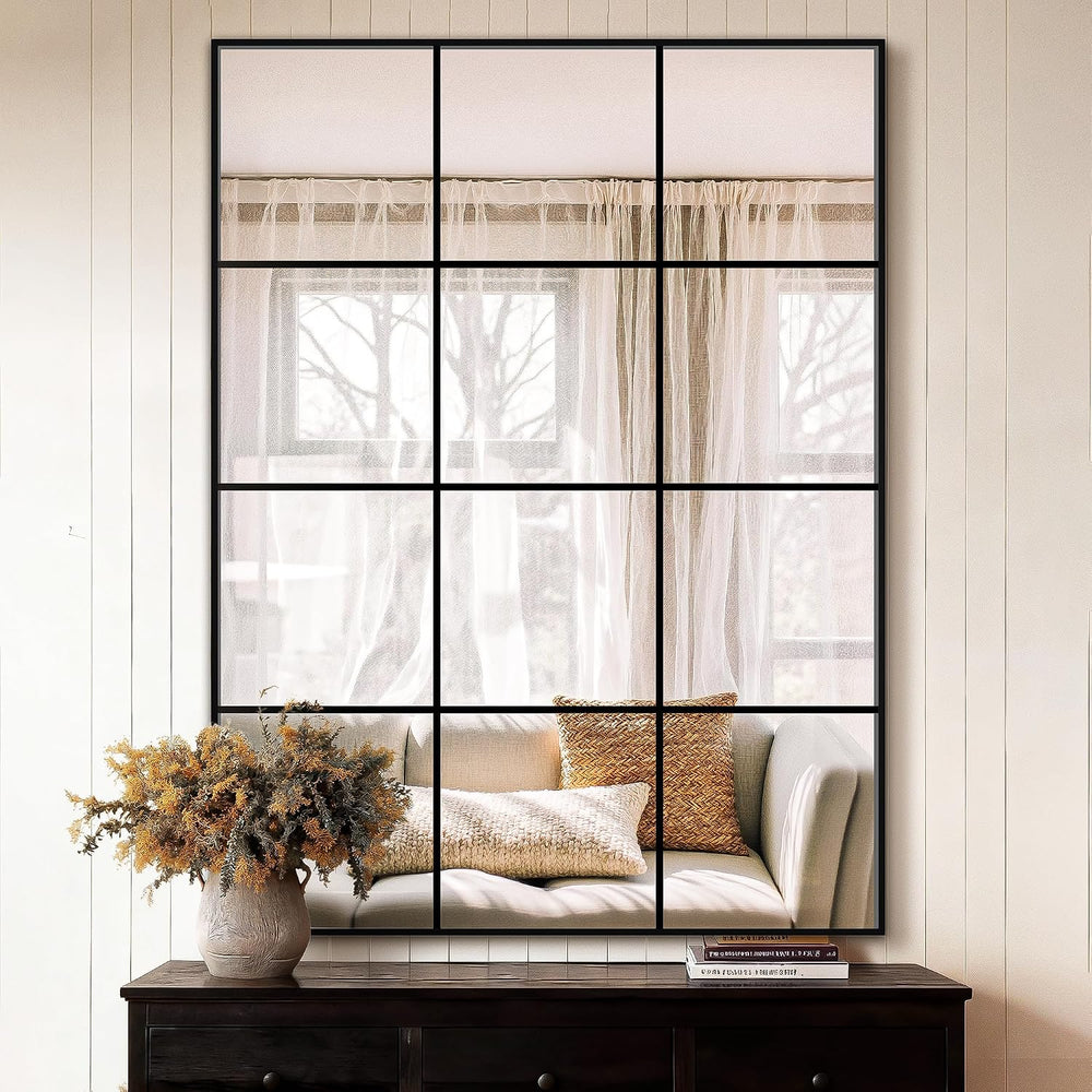 Window Pane Wall Mirror with Metal Frame 40"x30" Black