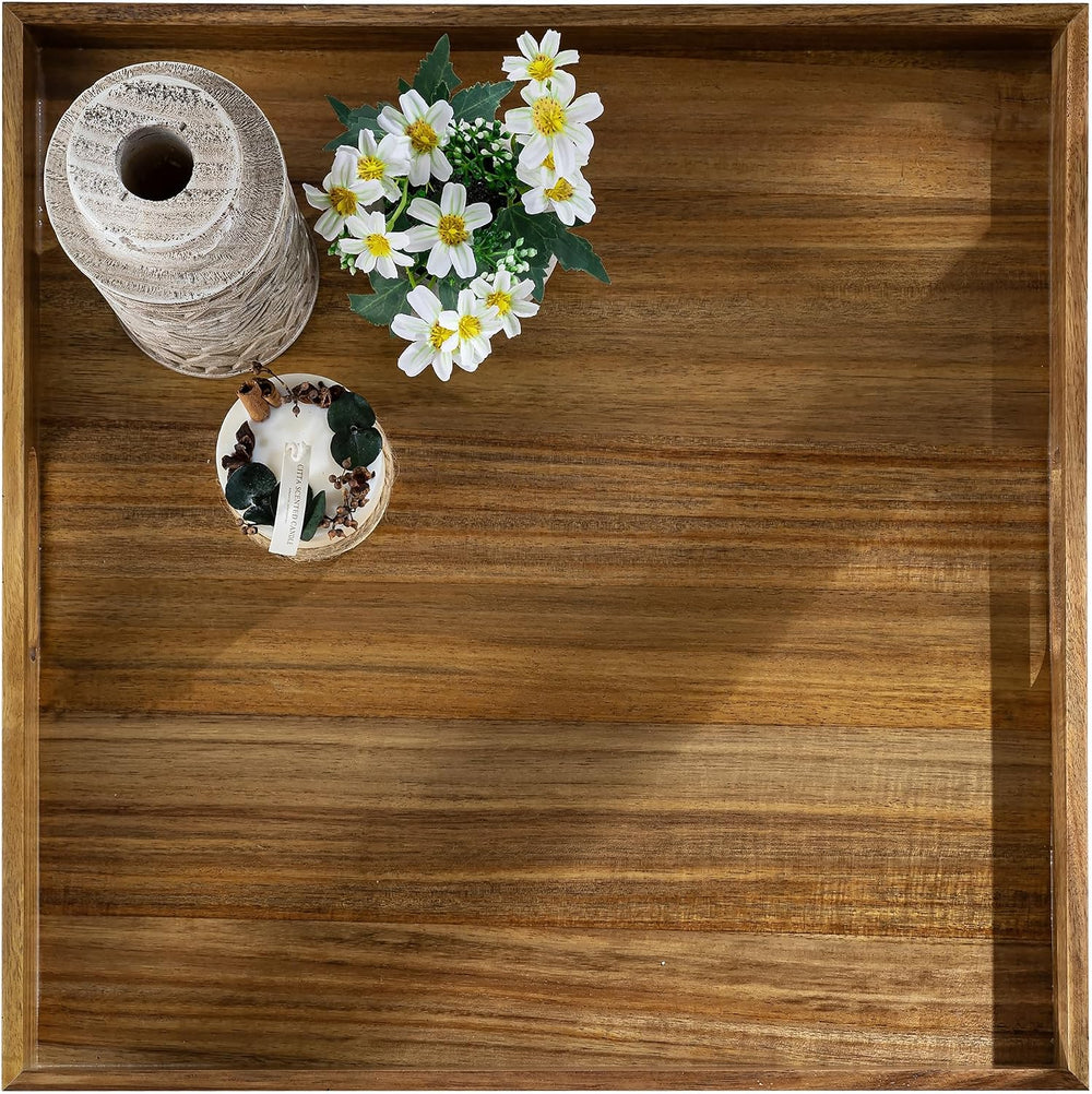 Hanobe 20" Large Acacia Wood Ottoman Tray with Handle for Coffee Table