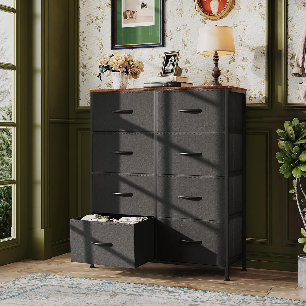 WLIVE 8 Drawer Fabric Dresser for Bedroom, Storage Tower, Black & Rustic