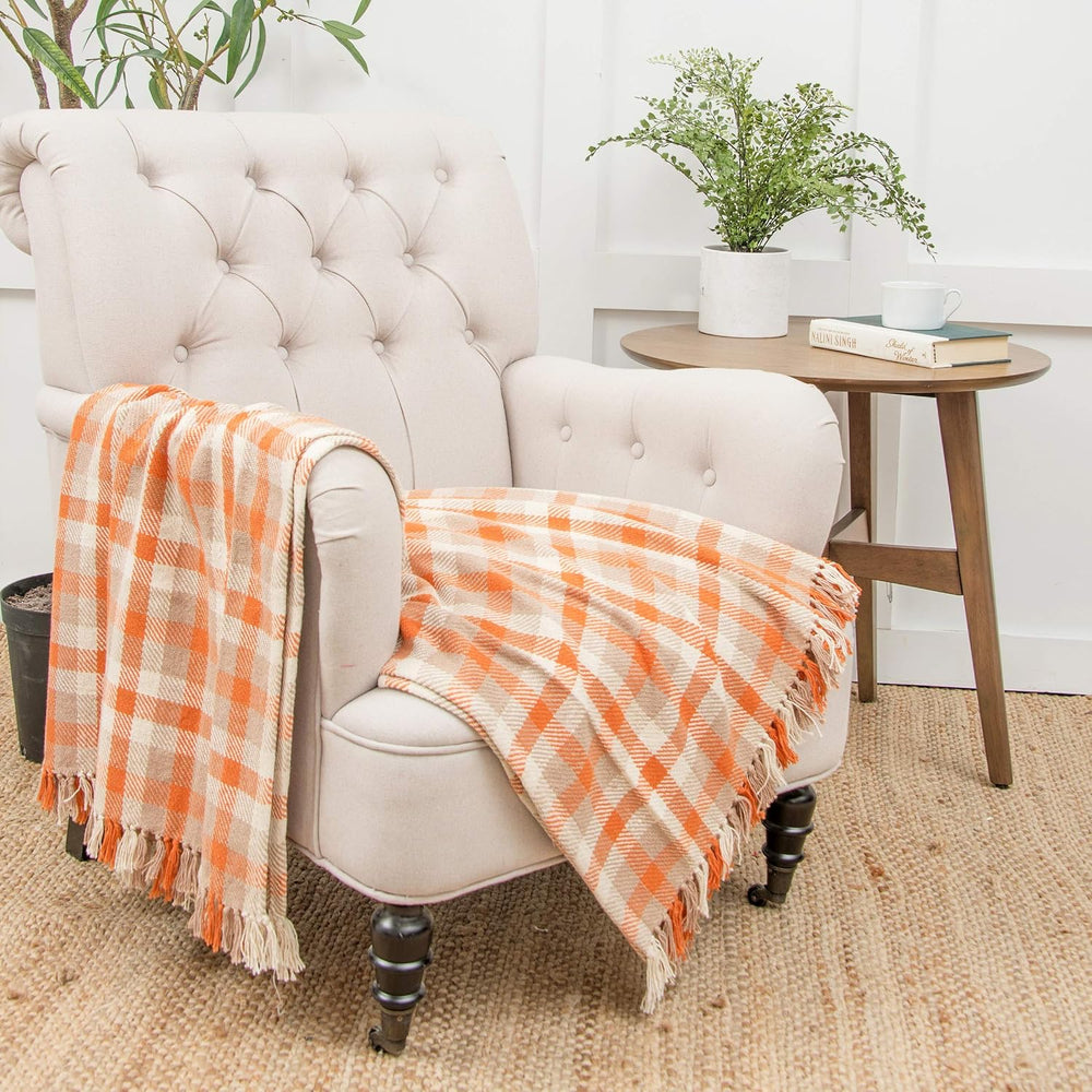 Dunmore Plaid Pumpkin Orange 100% Cotton Handwoven Accent Throw Blanket