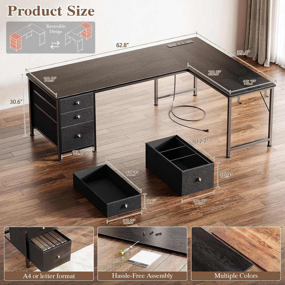 Furologee 63" L Shaped Desk, Computer Corner Desk with Outlets, Black