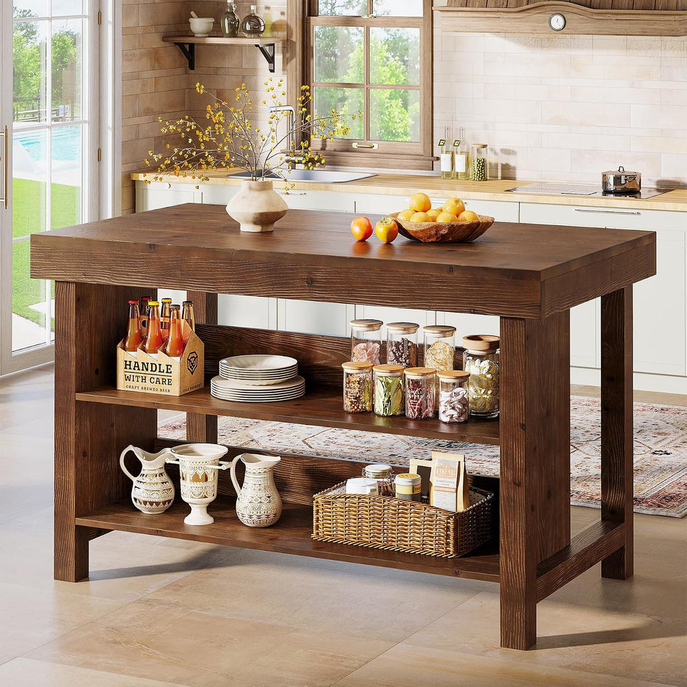 Solid Wood Kitchen Island, 3-Tier 55 Inch Stationary Island Table
