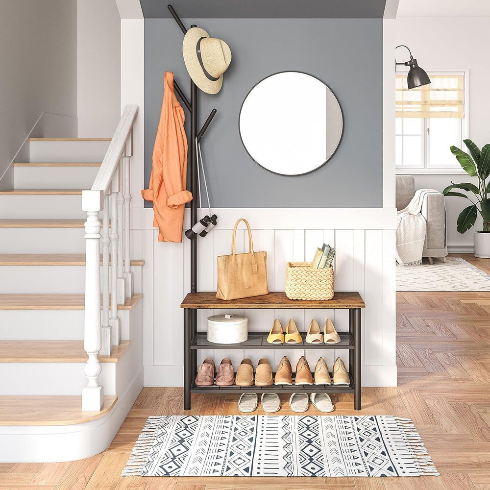 HOOBRO Coat Rack Shoe Bench, 3-Tier Shoe Rack, Industrial Storage Bench