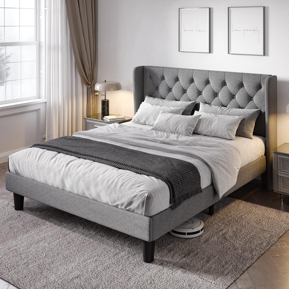 Allewie Full Bed Frame with Button Tufted Wingback Headboard, Light Grey
