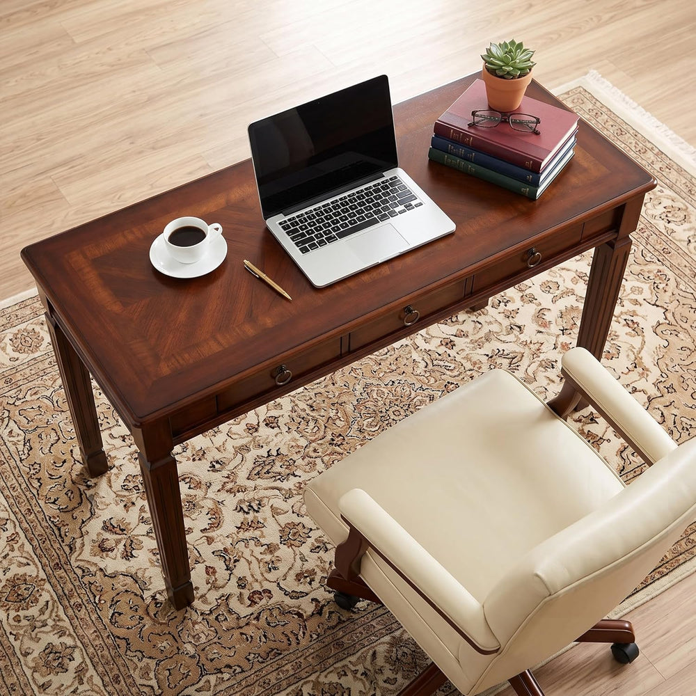 Solid Wood Writing Desk with 3 Drawers, 47"W Large Secretary Table