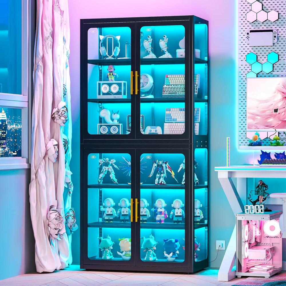 Display Cabinet with Glass Doors and Adjustable Shelves,67" Tall Bookcas...