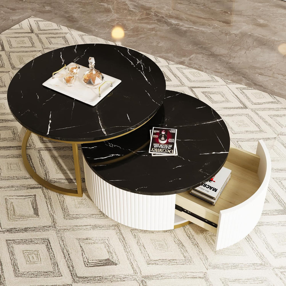 Modern Round Nesting Coffee Table Fluted with Drawer in Black & Gold in 3...