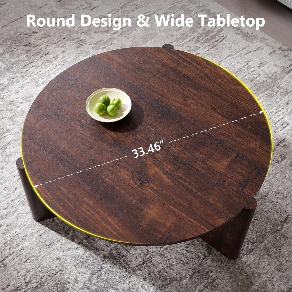 33.5" Wood Round Coffee Table, Small Modern Circle Coffee Table, Brown