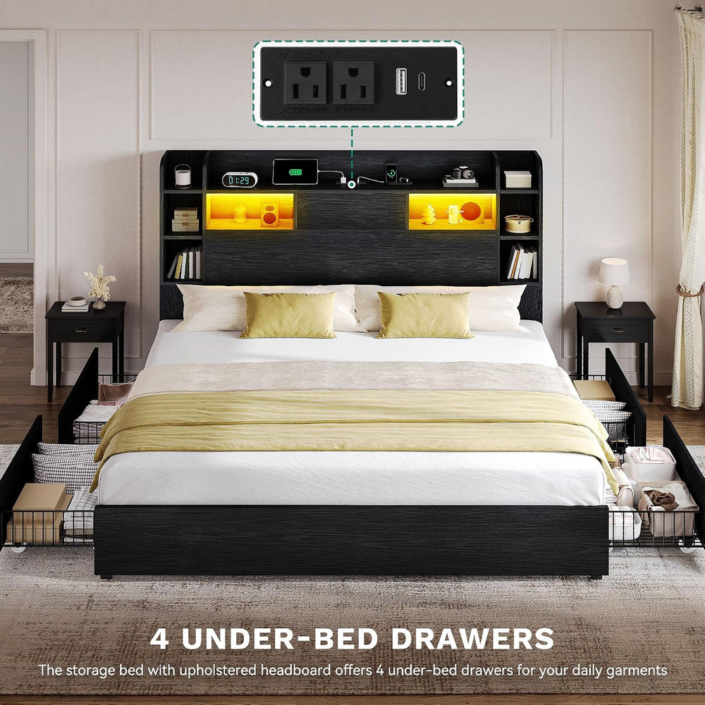 YITAHOME King Size Bed Frame, 51" Tall Bookcase Headboard, 4 Storage Drawer