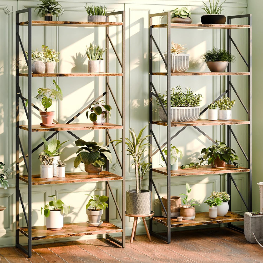 Shintenchi 2 Pieces 5 Tiers Bookshelf, Classically Tall Bookcase Shelf, Indus...