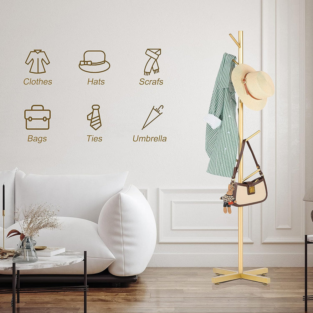 ZOZOE Coat Rack with 8 Hooks, Golden Adjustable Coat Rack Stand