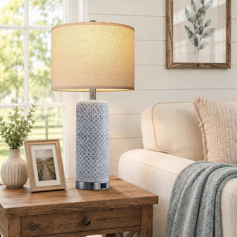 Farmhouse Table Lamps Set of 2 with USB A+C & 3-Way Touch Dimmable