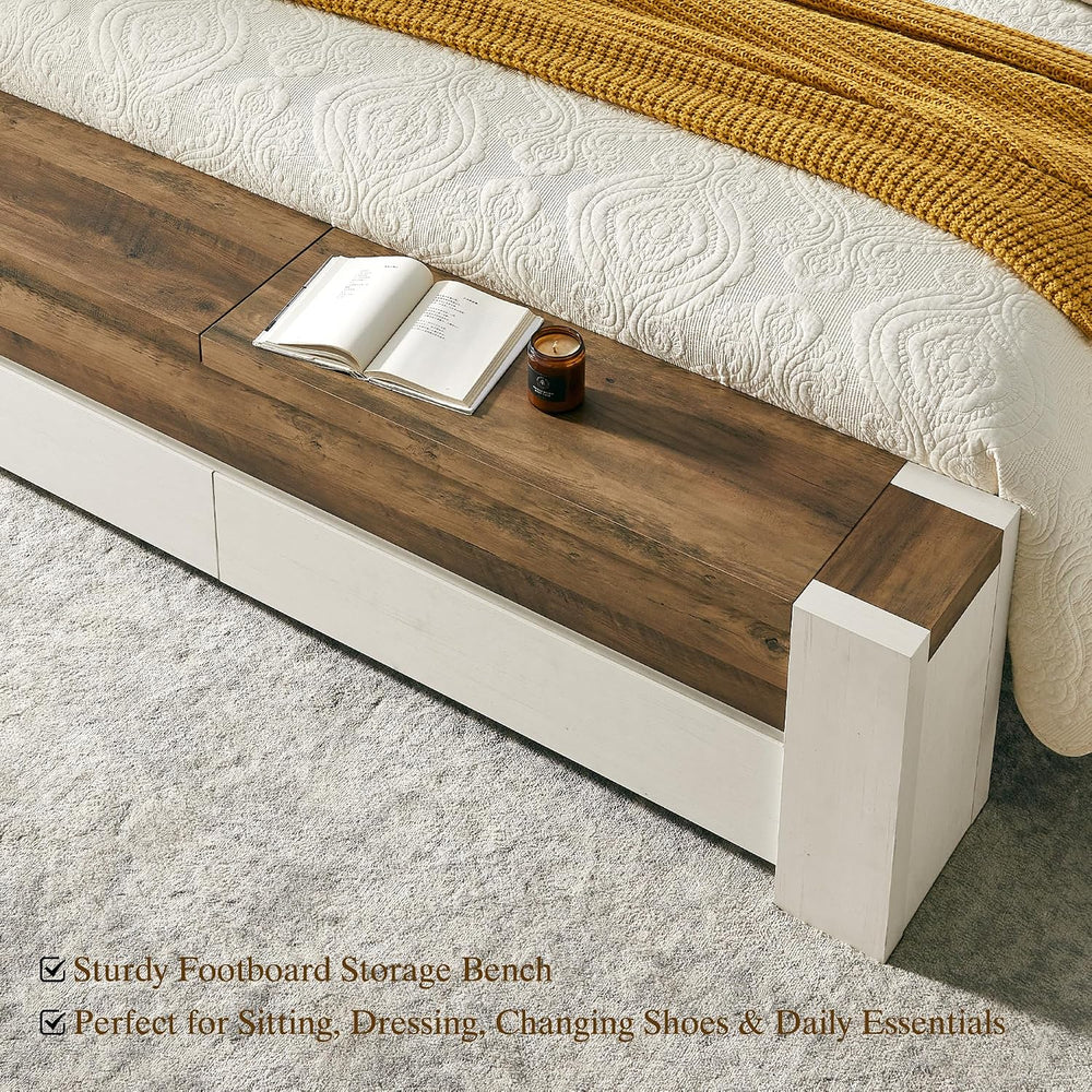 OKD King Bed Frame with Headboard and Footboard Storage Bench,Antique White