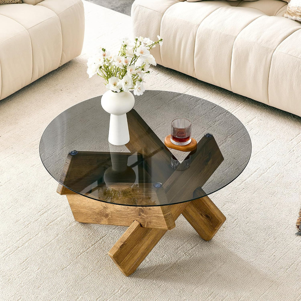 Round Gray Glass Coffee Table, 33.4-Inch Tempered Glass Top