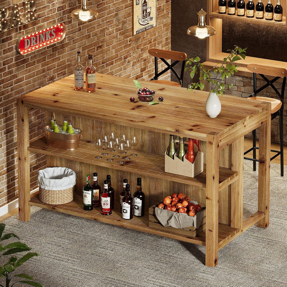 59" Solid Wood Kitchen Island with Open Storage Shelves