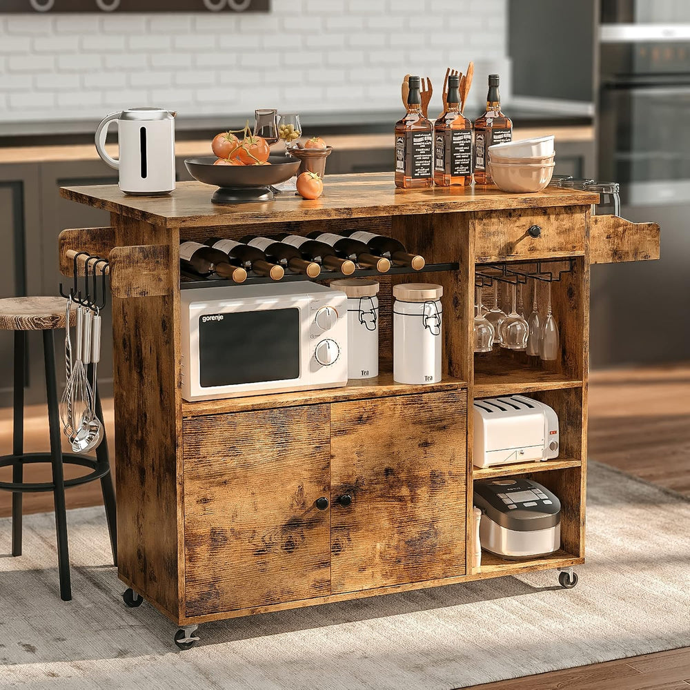 IRONCK Rolling Kitchen Island Cart with Drop-Leaf and Wine Rack, Brown