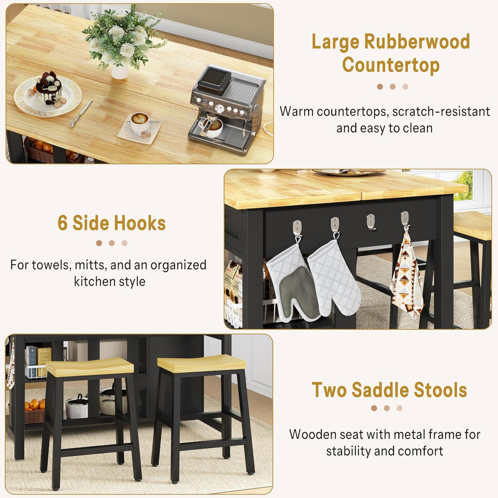 DynJest 47" Solid Rubberwood Top Kitchen Island with Storage, 2 Bar Stools