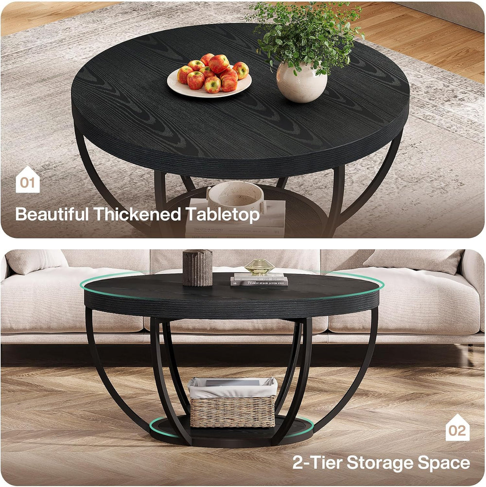 Tribesigns Round Coffee Table with Storage, 31.7" Black Living Room Table