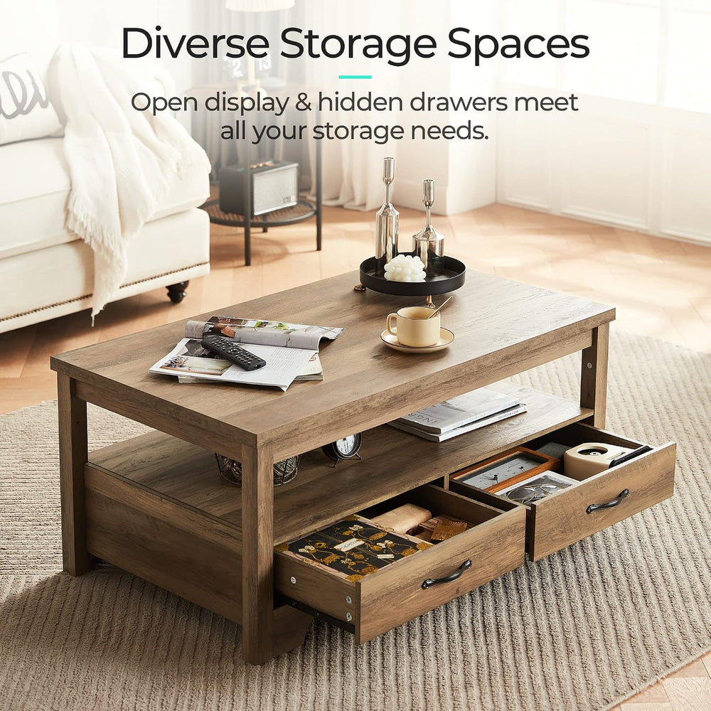 LINSY Farmhouse Coffee Table, Rectangle Coffee Table with Drawers, Rustic Woo...