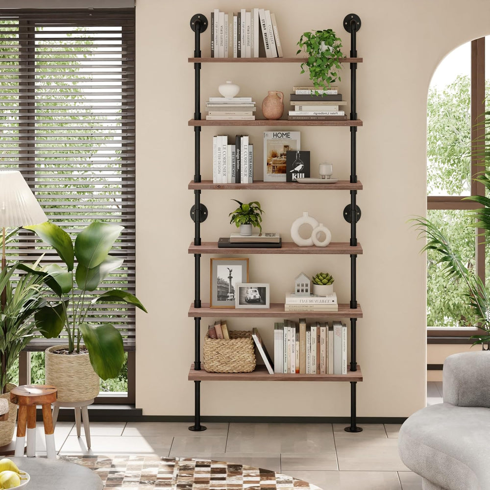 Industrial Pipe Bookshelf, Wall Mounted Shelf, 36 Inch, Weathered Brown