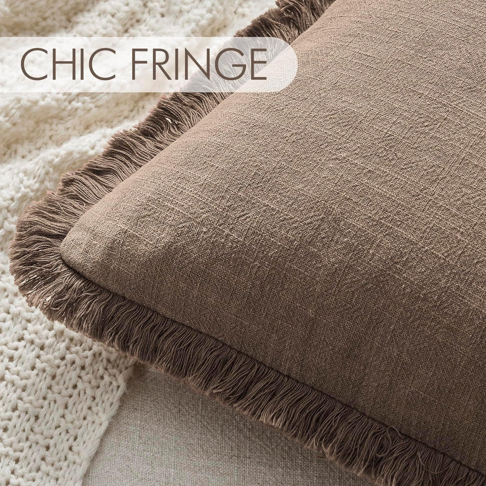 ANRODUO Euro Decorative Linen Fringe Pillow Covers 26×26 Cocoa Brown 2 Pack