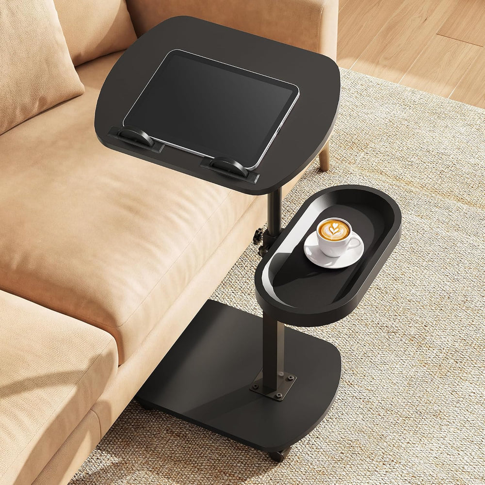 WLIVE C Shaped End Table Adjustable Height 360 Swivel TV Tray Rolling Cup