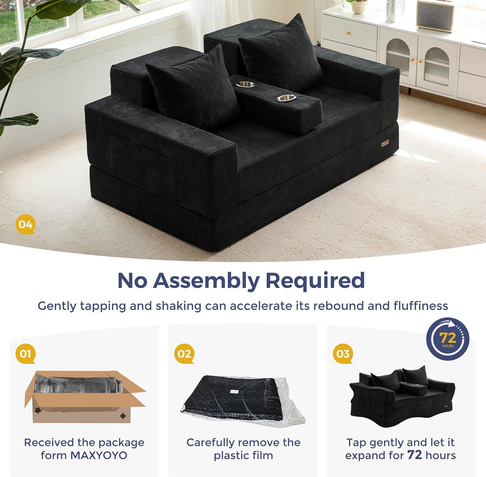 MAXYOYO Sofa Bed, 64-Inch Boneless Loveseat with 2 Cup Holders