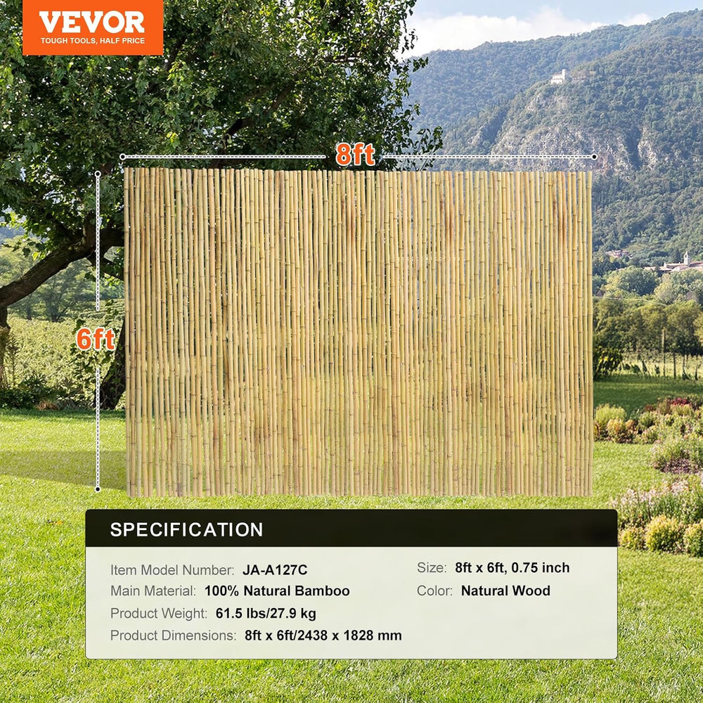 VEVOR Natural Rolled Bamboo Fence, Eco-Friendly Privacy Screen - 6 ft H x 8 f...