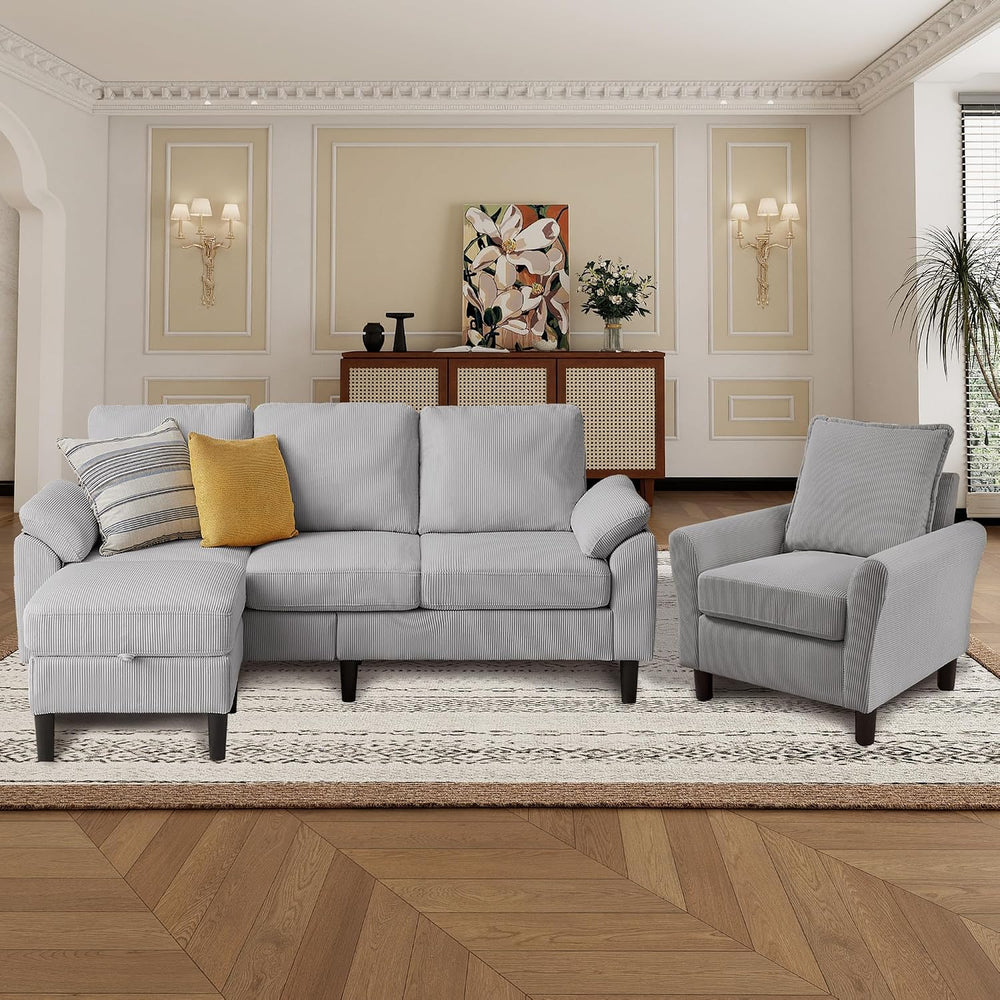 3 Pieces Corduroy Sofa Set for Living Room with Sofa, Storage Ottoman and Sin...