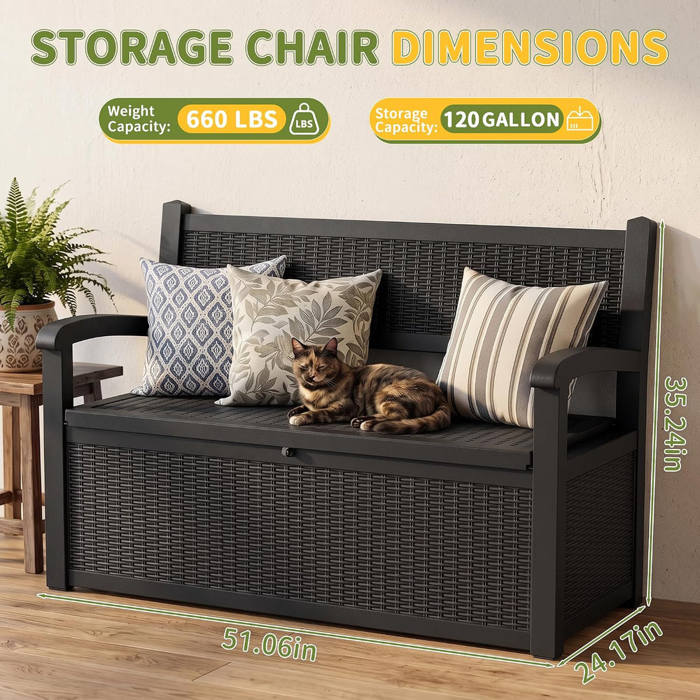 120 Gallon Outdoor Storage Bench Lockable, Rattan Black