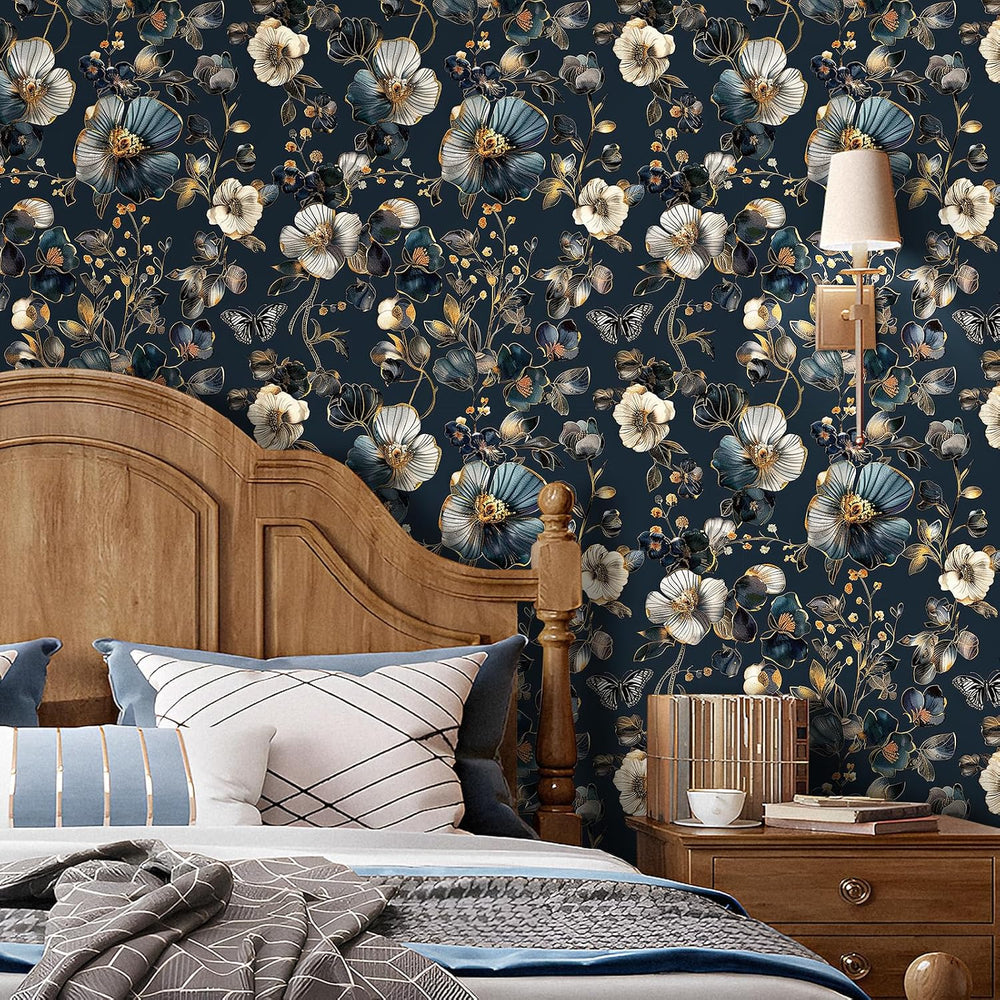 Livelynine 17.5x591 Navy Blue Flower Peel and Stick Wallpaper Vintage Dark Bl...