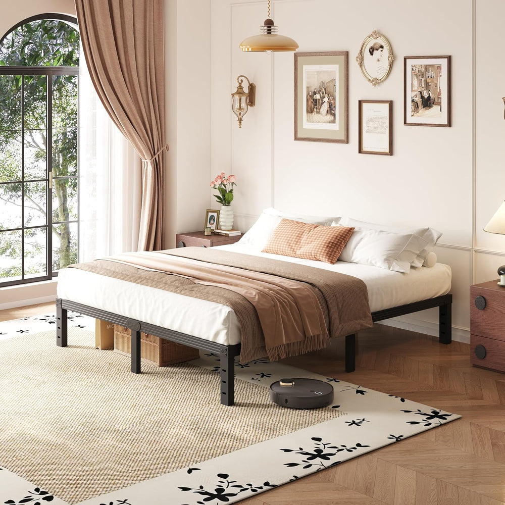 14 Inch Metal Queen Bed Frame with Storage, Black, No Box Spring