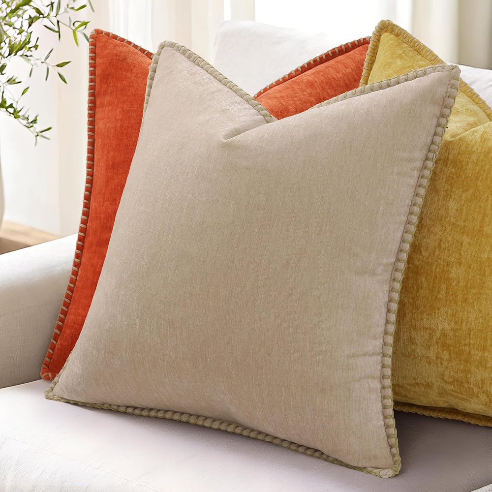 decorUhome Soft Chenille Throw Pillow Covers 24x24 Set of 2 Beige