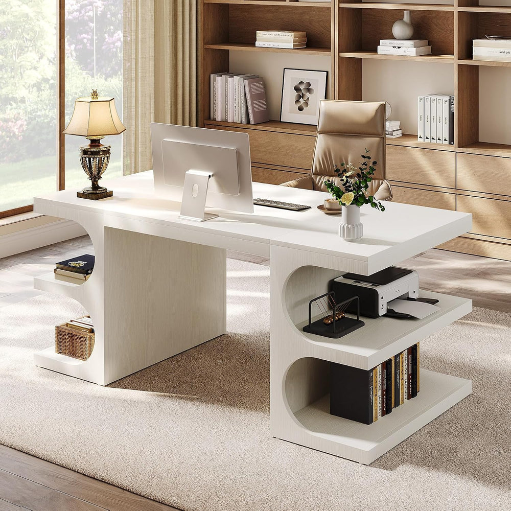 Tribesigns White Executive Office Desk, 63" Computer Desk with Storage S...