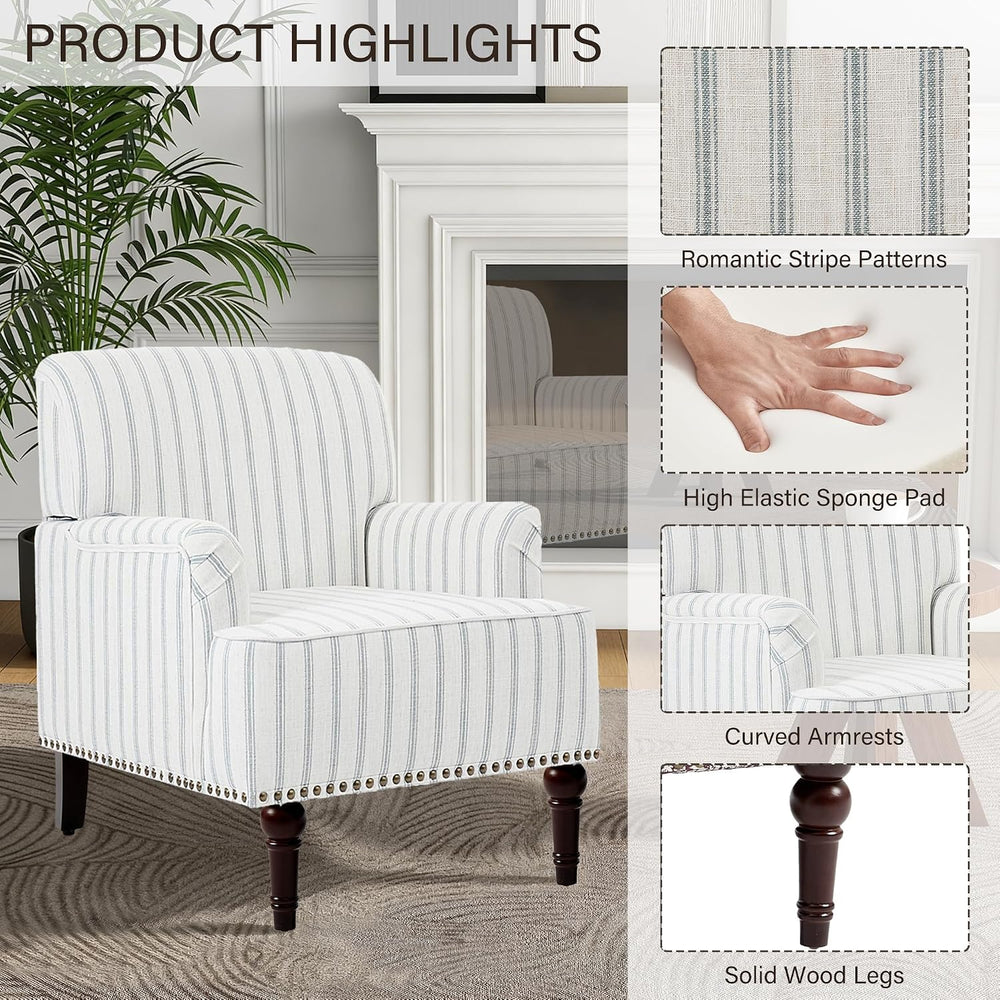Pinstripe Accent Chairs Set of 2, Fabric Armchair, Light Blue