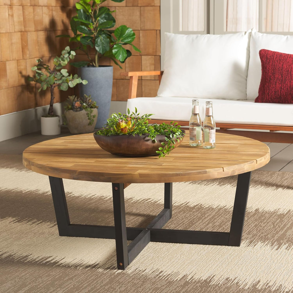SAFAVIEH Outdoor Leo Wood Coffee Table, 39.4" Natural/Black PAT7320B