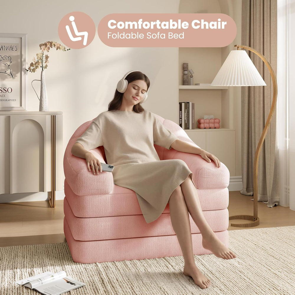 Yaheetech 93" Folding Sofa Bed Convertible Sofa Chenille, Pink