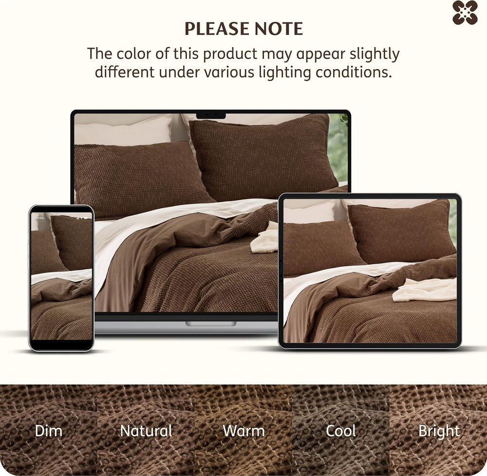 Bedsure PureWoven Space-Dyed Cotton Waffle Duvet Cover Set, King, Brown