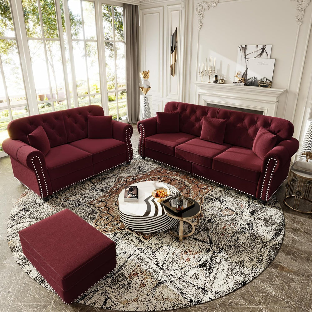 KEIKI 2-Piece Chesterfield Sofa Set with 1 Velvet 3-Seater Sofa & 1 Loves...