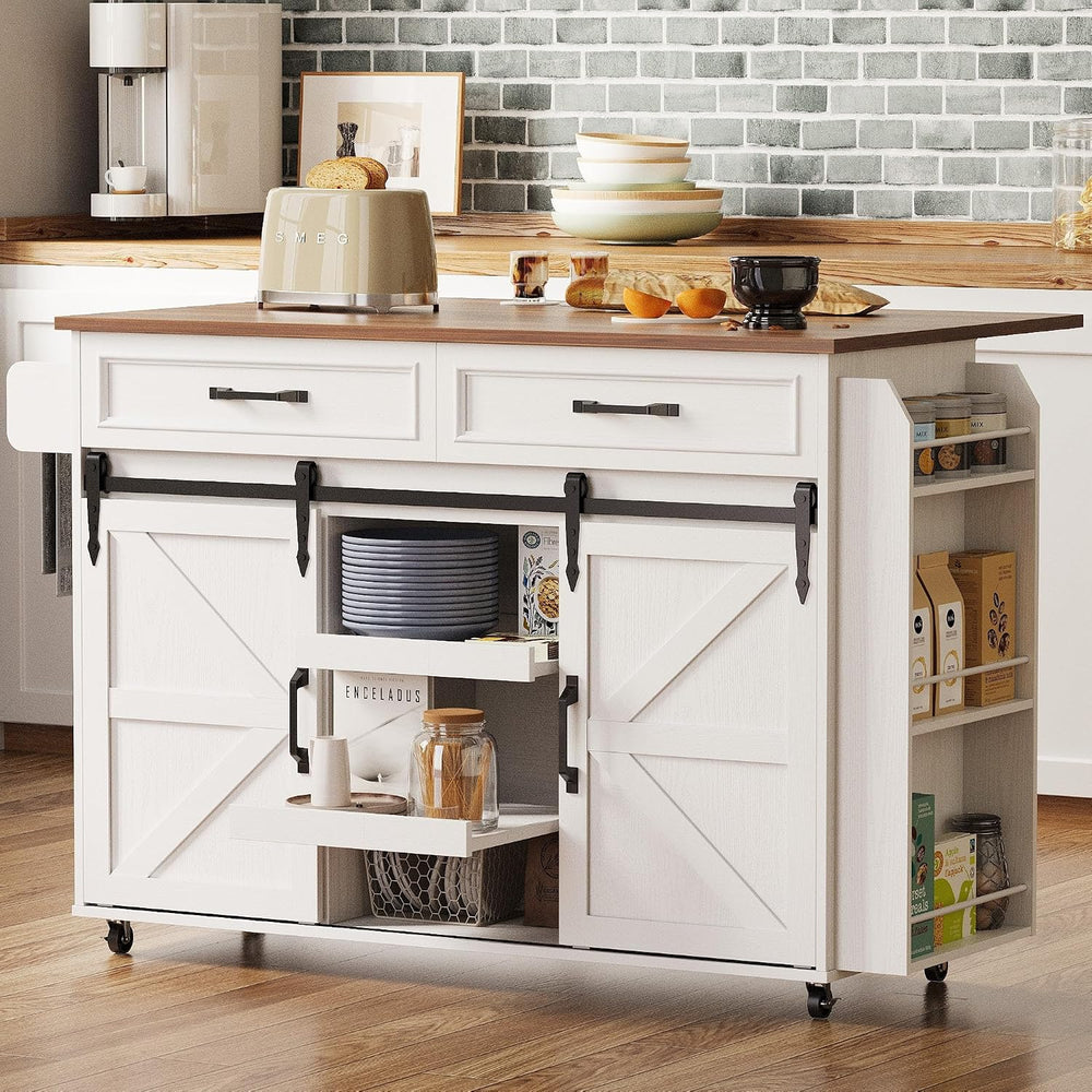 IRONCK Kitchen Island with Storage, Drop Leaf Countertop, White