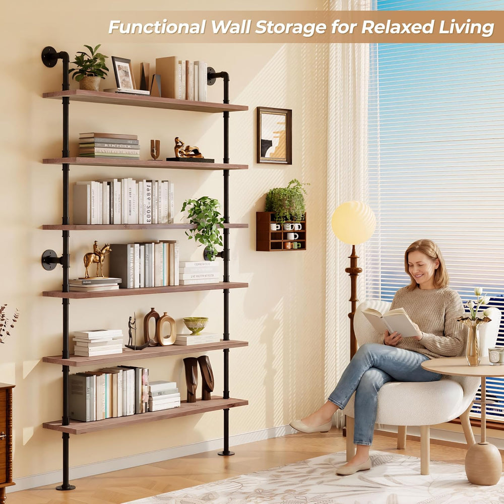 Industrial Pipe Bookshelf, Wall Mounted Shelf, 48 Inch, Weathered Brown