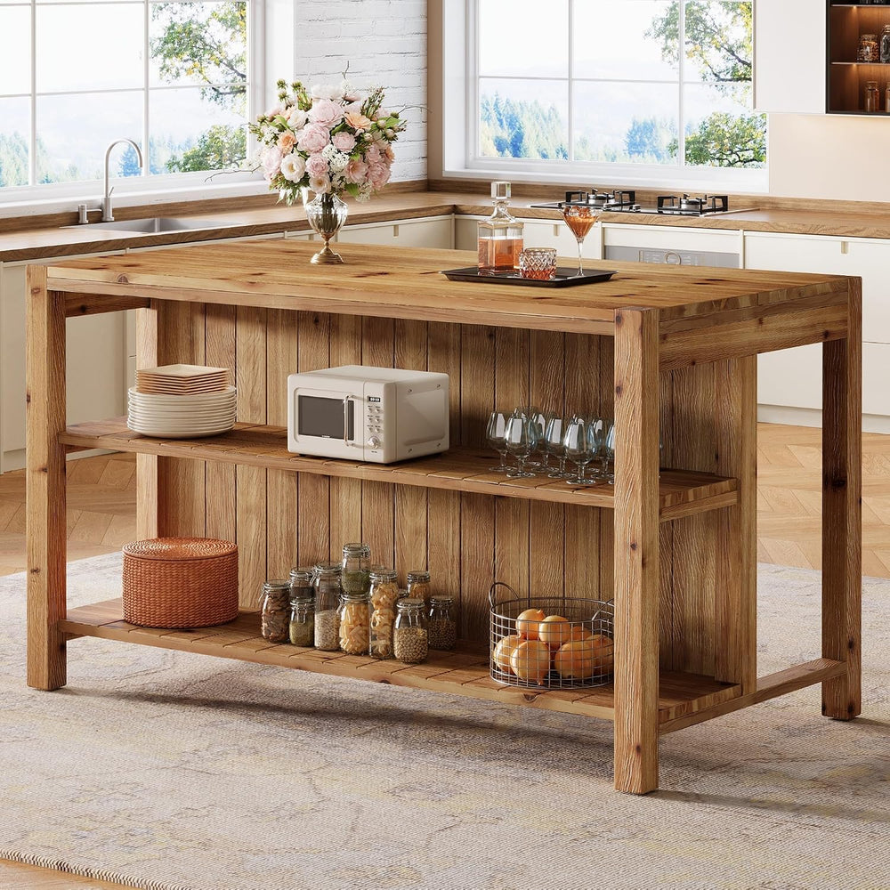 59" Solid Wood Kitchen Island with Open Storage Shelves