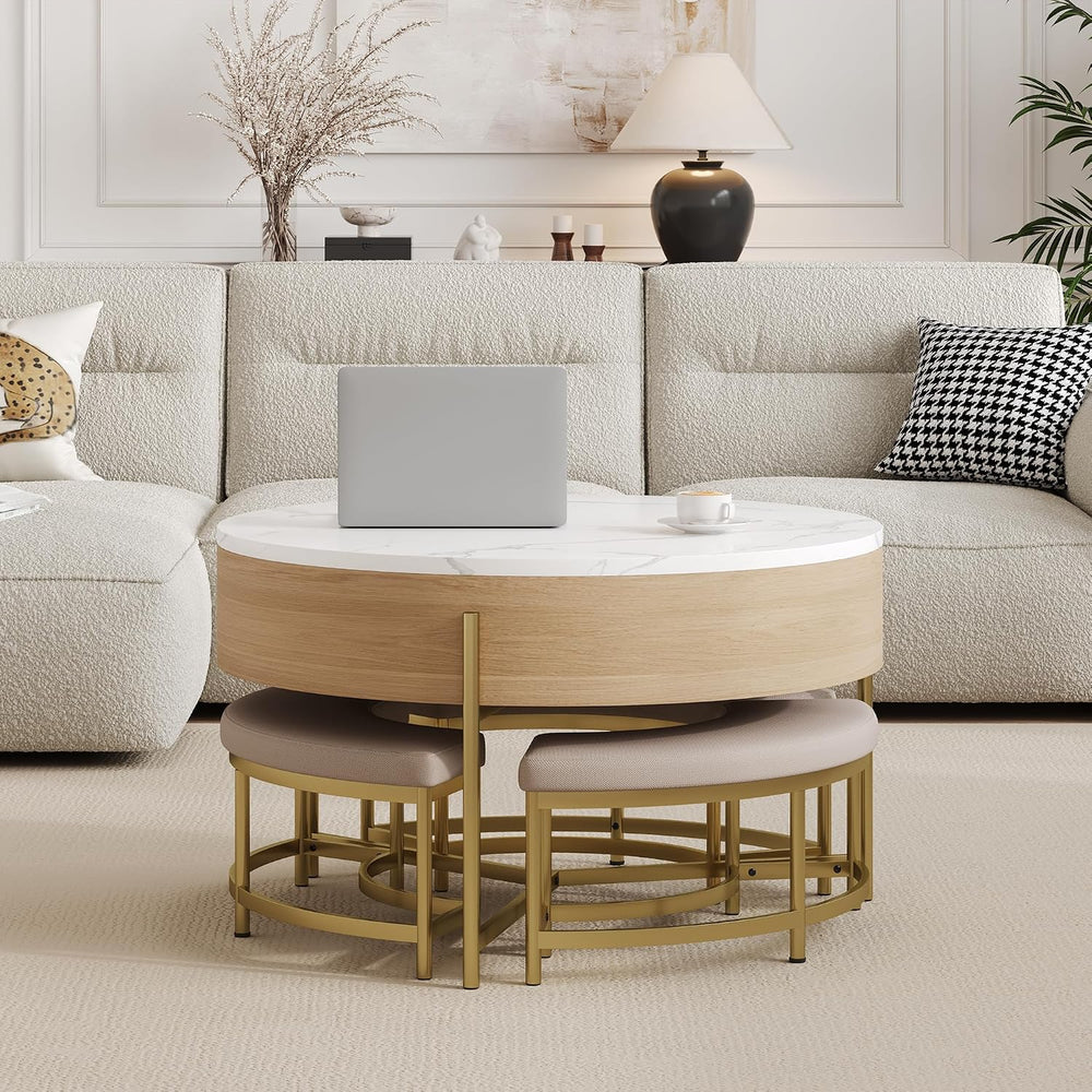 31.5" Modern Round Lift-Top Coffee Table with Storage & 3 Ottoman,Wh...