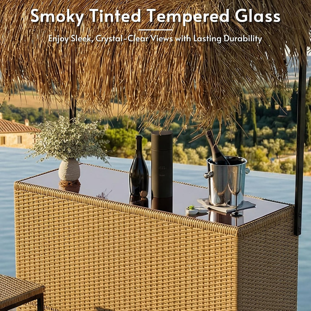 Outdoor Tiki Bar Set with Widen Hula Thatched Shade(48" L), 3-Piece Wick...