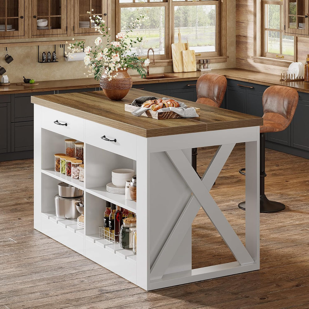 Tribesigns 55" Farmhouse Kitchen Island with 2 Storage Drawers and Shelf