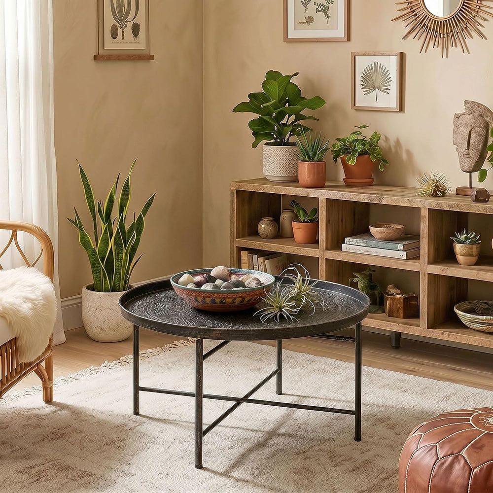 HOMCOM 24" Hammered Round Coffee Table Vintage Metal Side Table Pewter