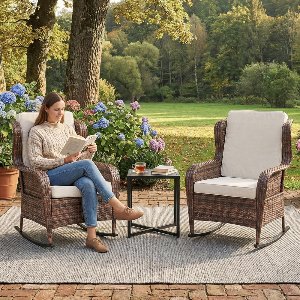 GarveeTech Outdoor Wicker Rocking Chair with Cushions, All-Weather Patio Rock...
